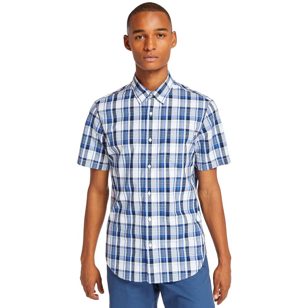 Timberland Mens Shirts Short-Sleeve Indian River Madras - Blue - India CW1623509